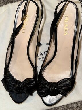 Prada Black Leather Knot Slingback Heels with Open Toe